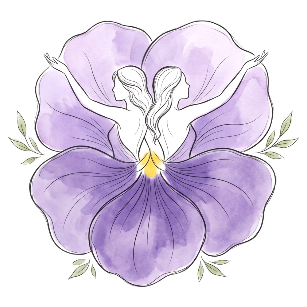 Ilustração em aquarela de duas mulheres de costas uma para a outra, formando uma violeta